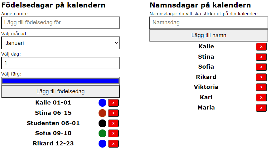 Bild på möjliga födelsedagar och namnsdagar för en personliga kalender