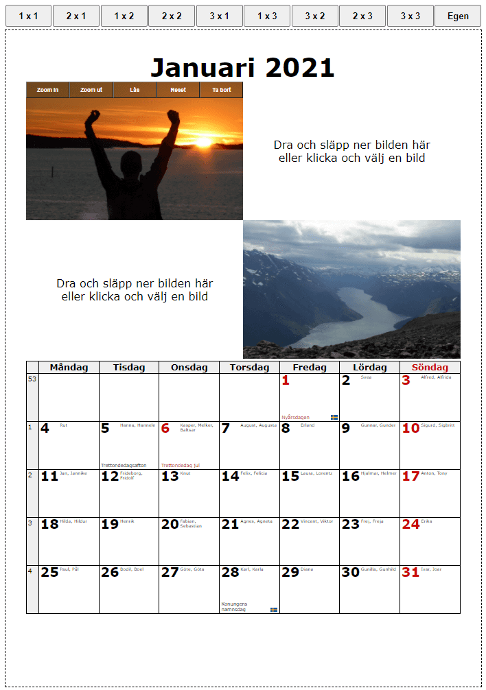 Bild på en personlig kalender med bilder med layout 2 x 2 för januari