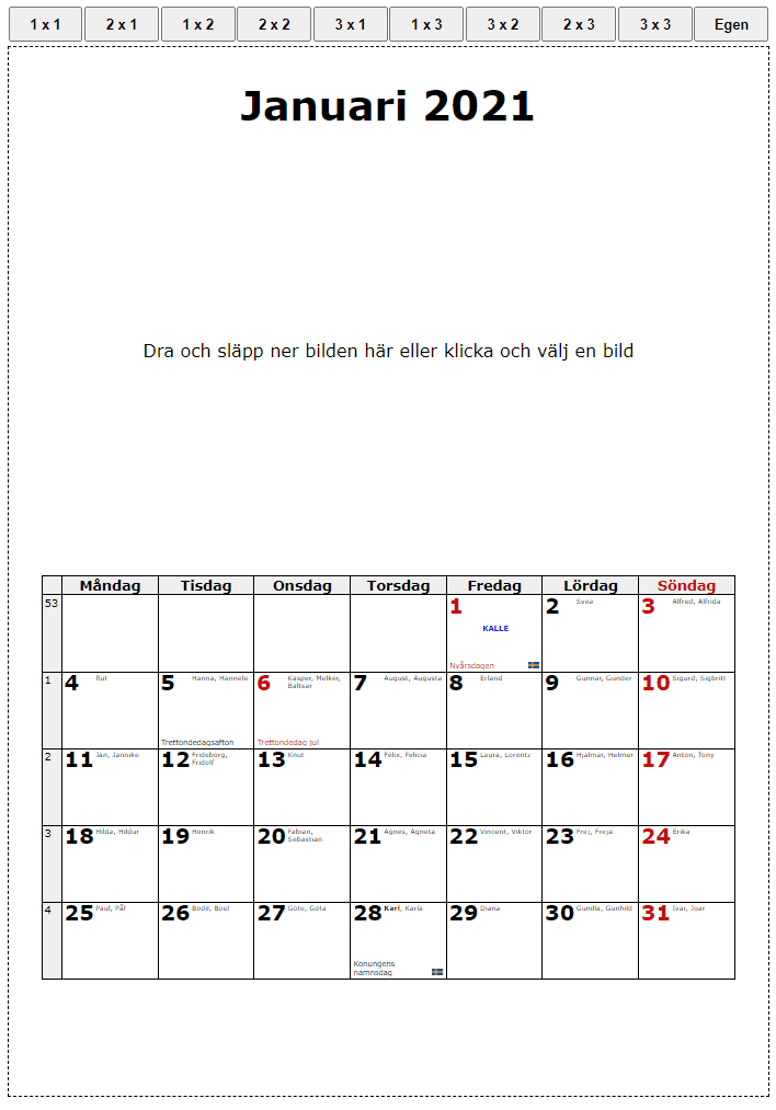 Bild på en personliga kalender utan bilder med layout 1 x 1 för januari