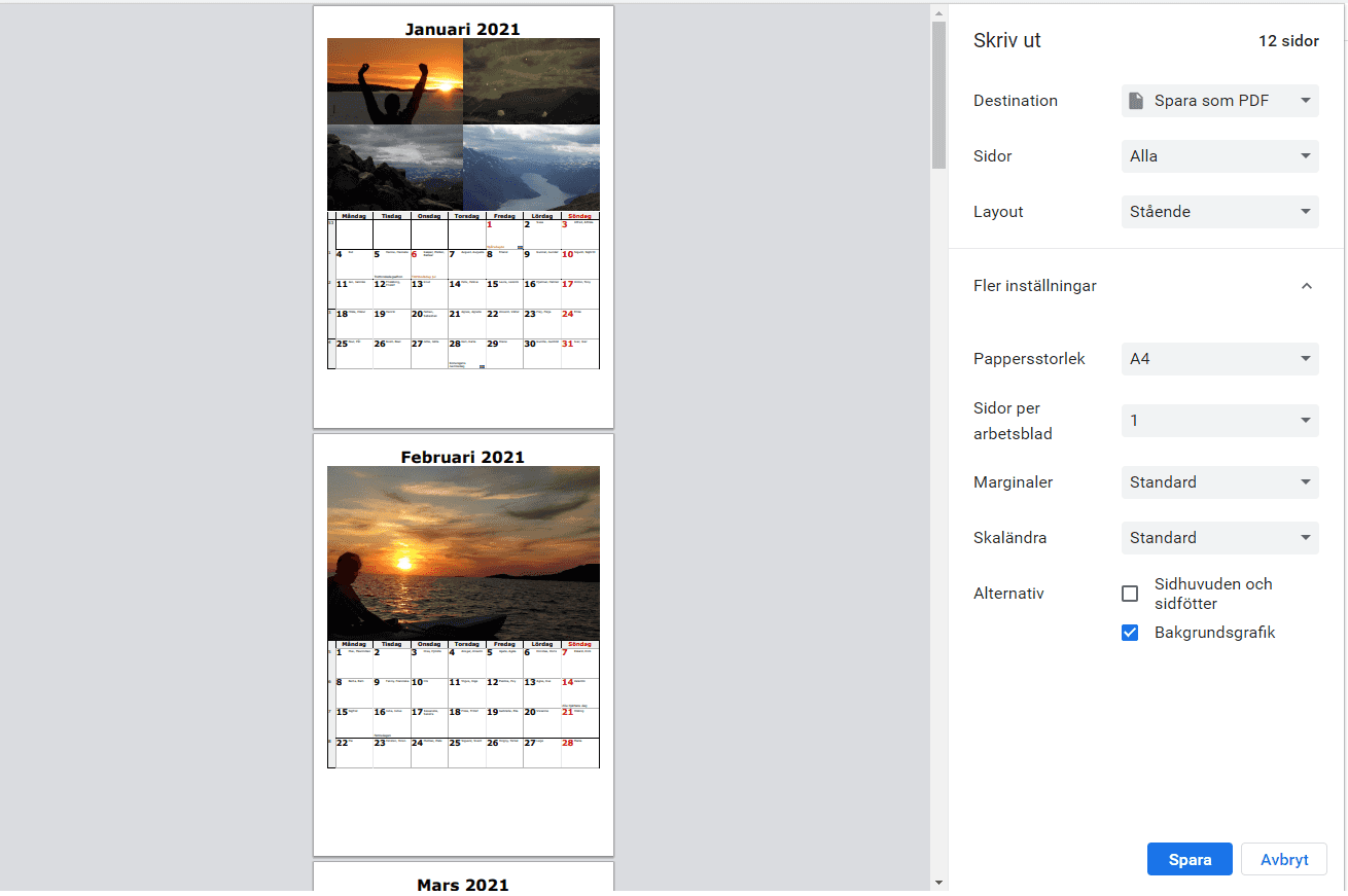 Bild på en personlig kalender som kan skrivas ut