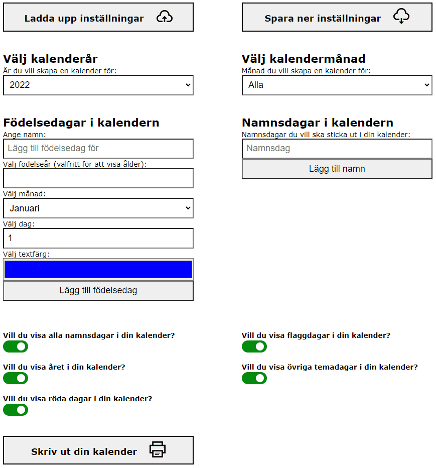 Bild på möjliga kalenderinställningar